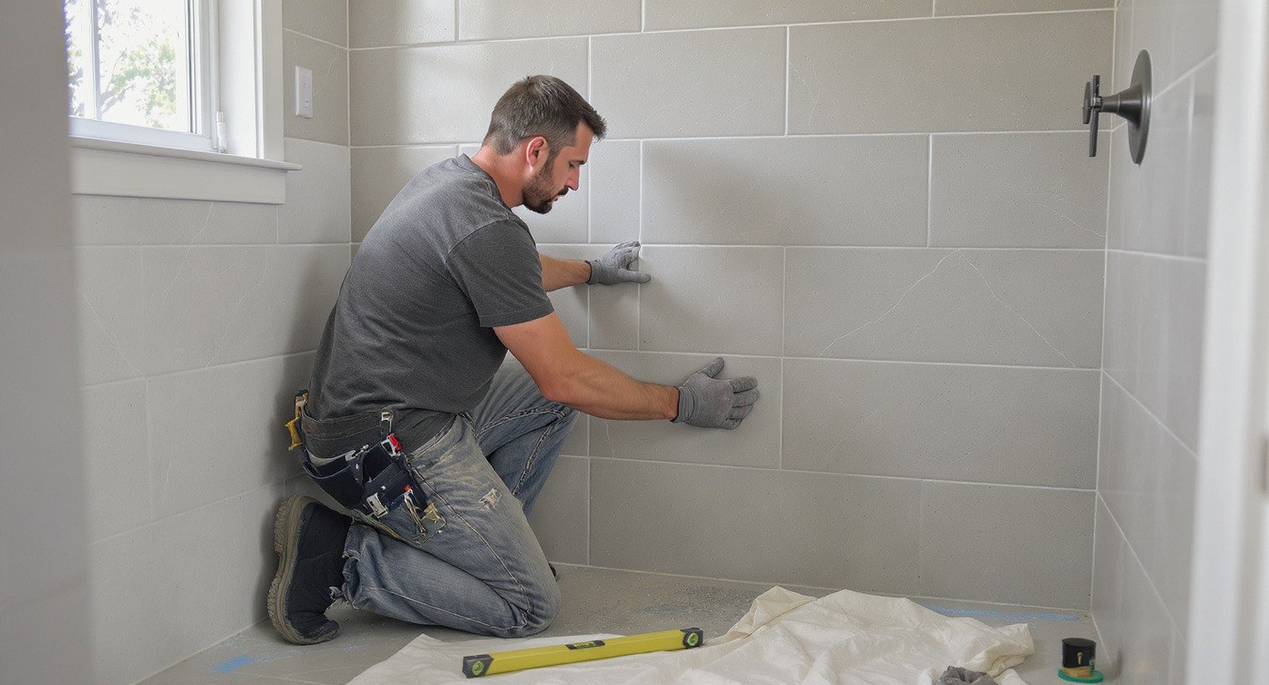 Tile installer setting large-format porcelain tile in a San Antonio bathroom